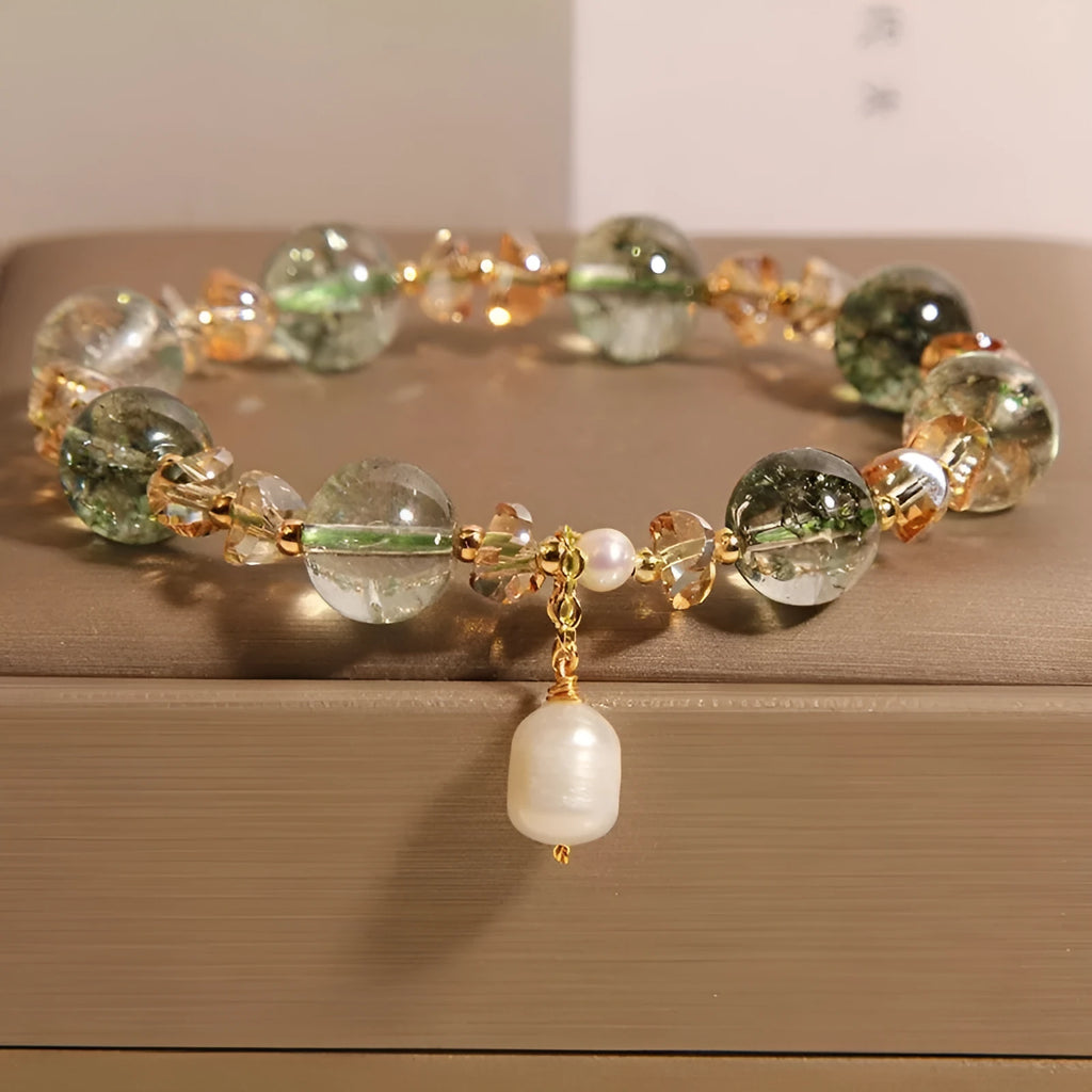 Green phantom quartz crystal bracelet with champagne accents in Japanese Korean style design