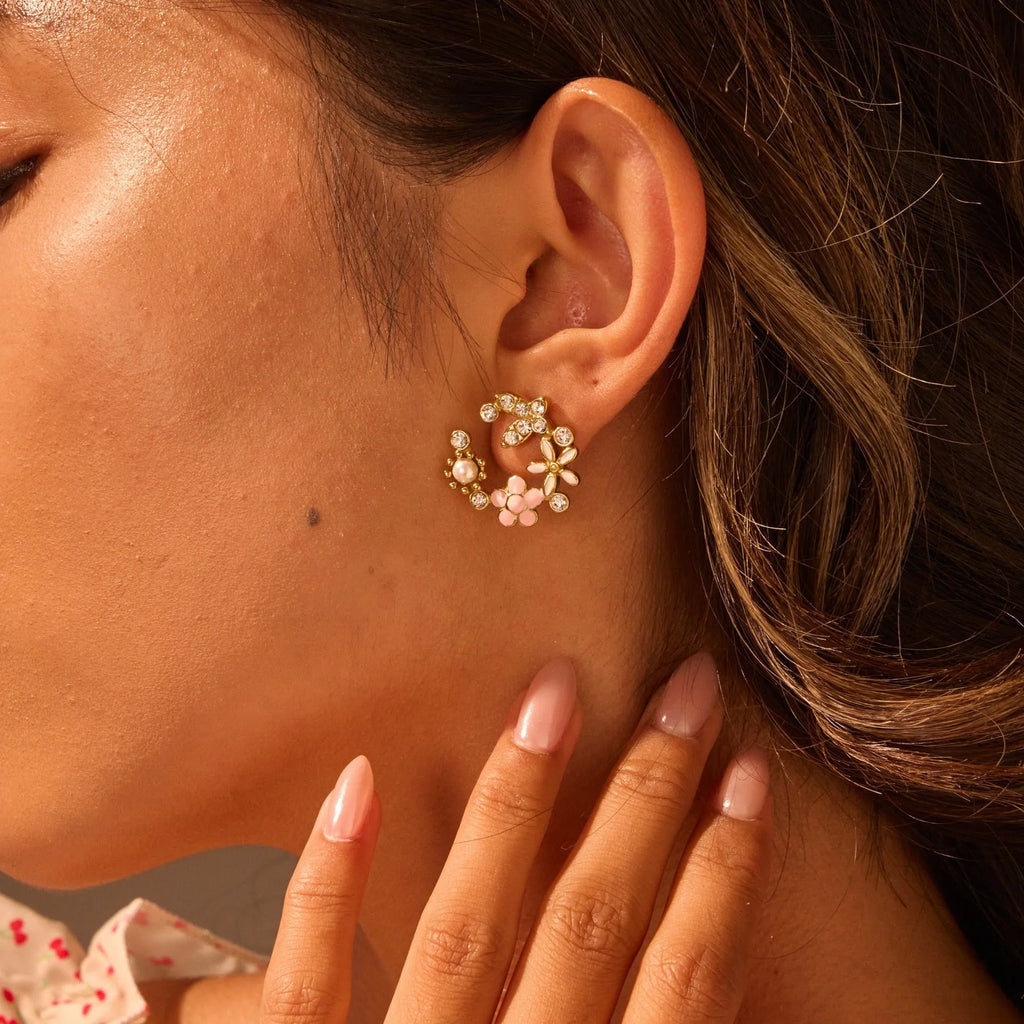 Colourful oil diamond flower petal stud earrings in 18K stainless steel with electroplated finish