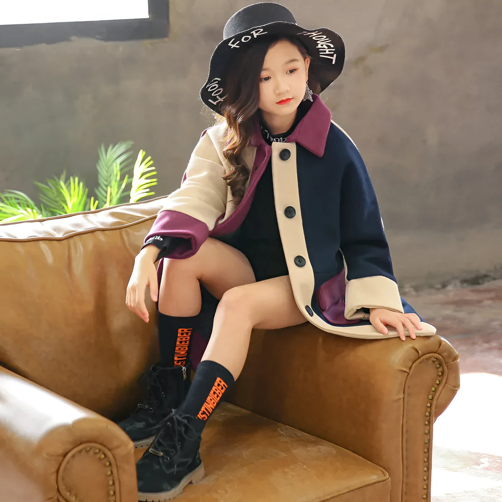 Big kids Korean woolen coat in purple contrast colour, long sleeve plain design, sizes 110-160cm