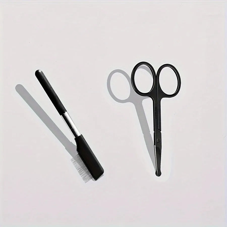 Black ambidextrous pet grooming brush with soft bristles for tear stains and a comb end for hair removal.