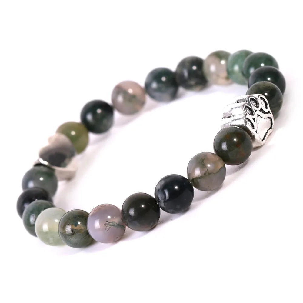 Tigereye Indian Agate stone bead bracelet with geometric shapes, dog's paw design and Peach Heart charm