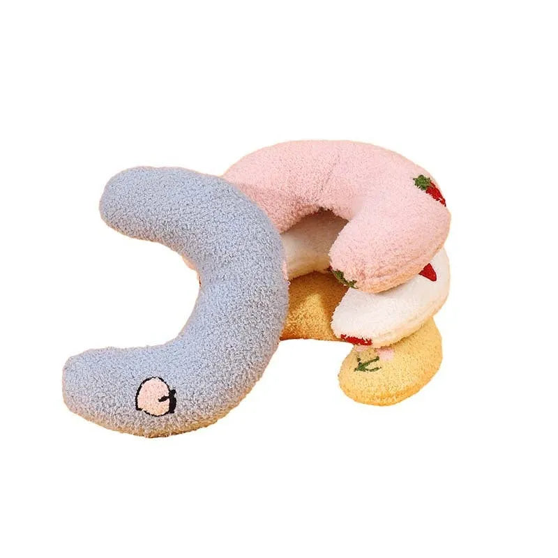 Cartoon patterned U-shaped half moon pillow for pets in blue, pink, white or yellow colours