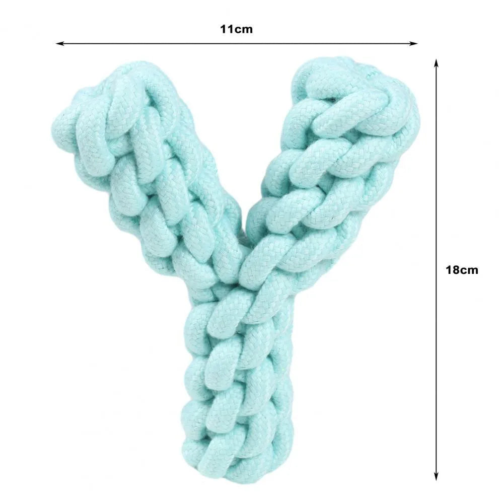 Blue Y-shaped cotton rope dog chew toy for large dogs on white background
