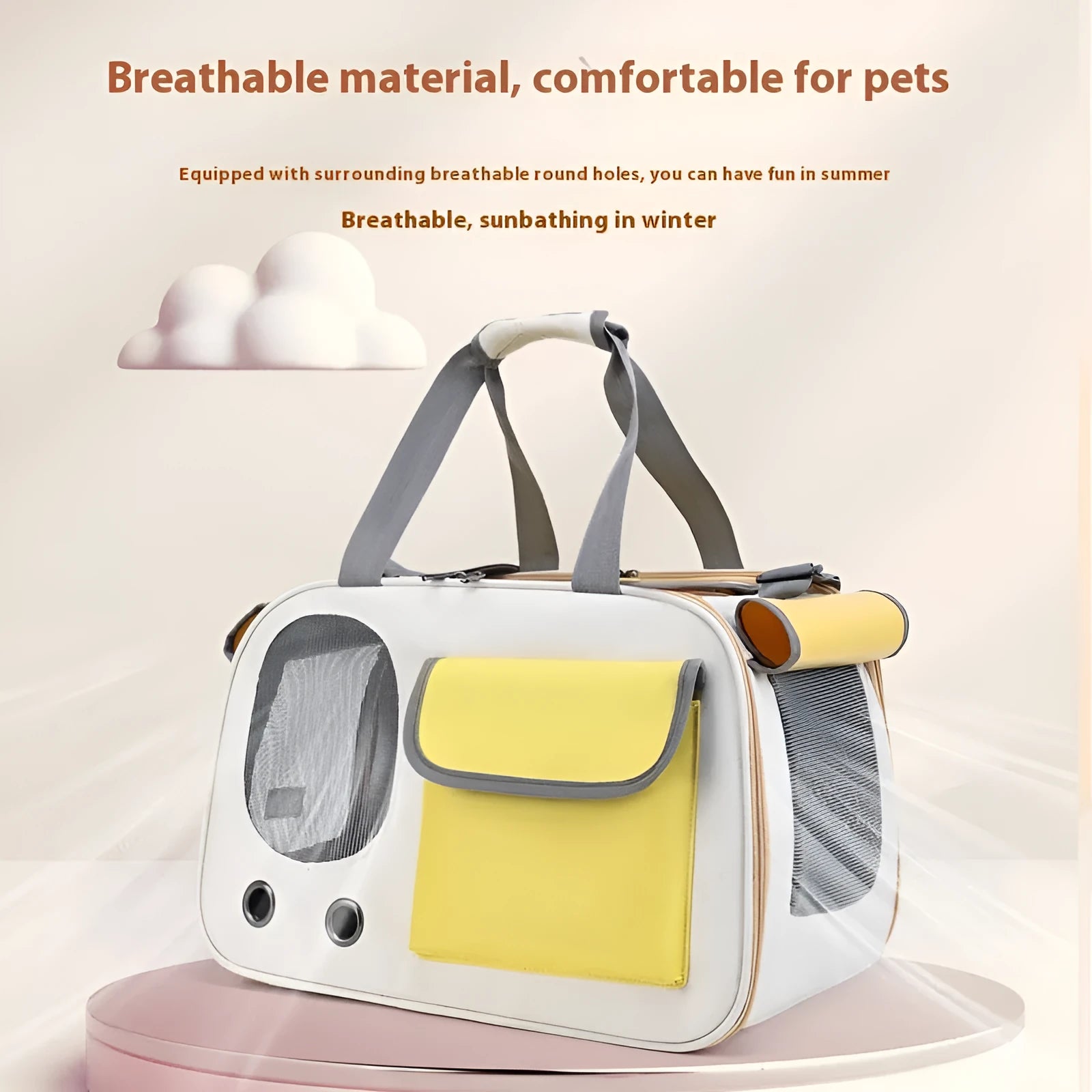 Foldable canvas pet carrier backpack shown in yellow colour with a single shoulder strap.