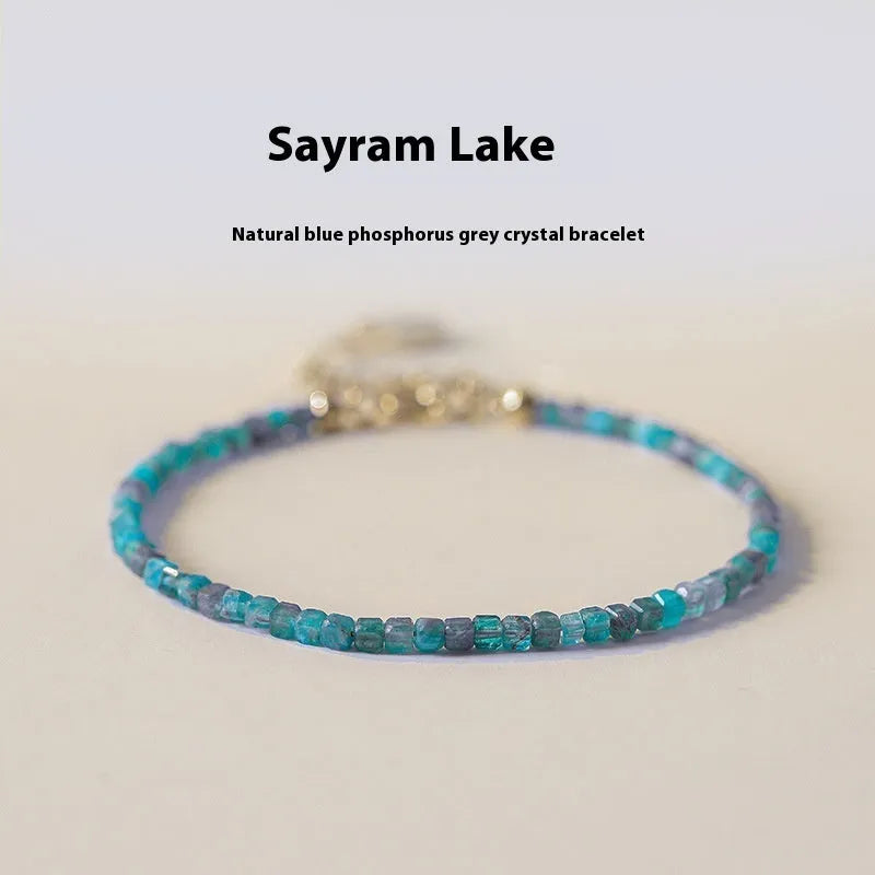 Blue and grey natural apatite crystal bracelet with diamond-shaped beads for women's wrists 14-18cm