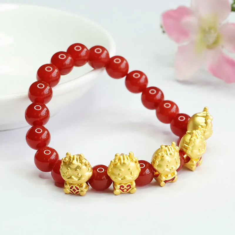 Natural red agate bracelet with carved Five Blessing Dragon motif measuring approximately 8mm diameter