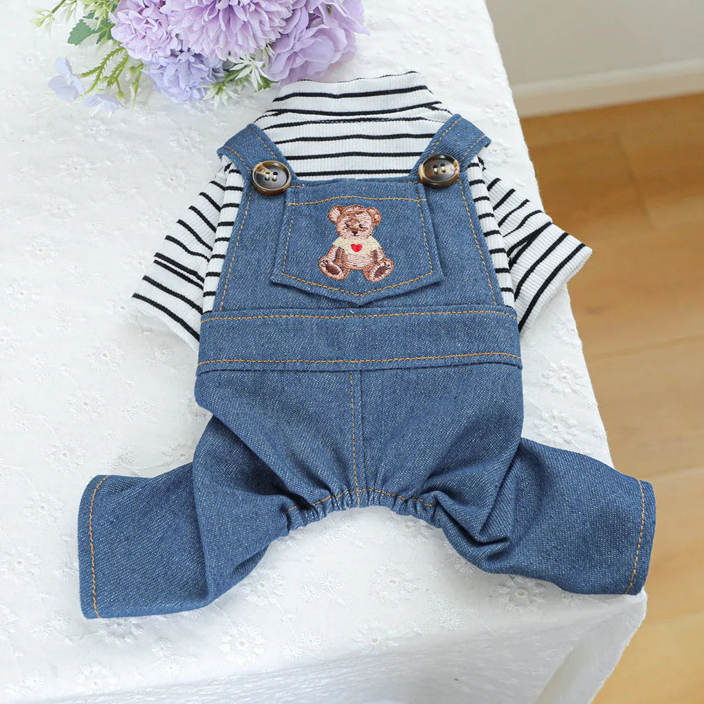 Cute bear dog overalls in polyester, XS to XL, chest 30-54cm and back length 20-40cm.