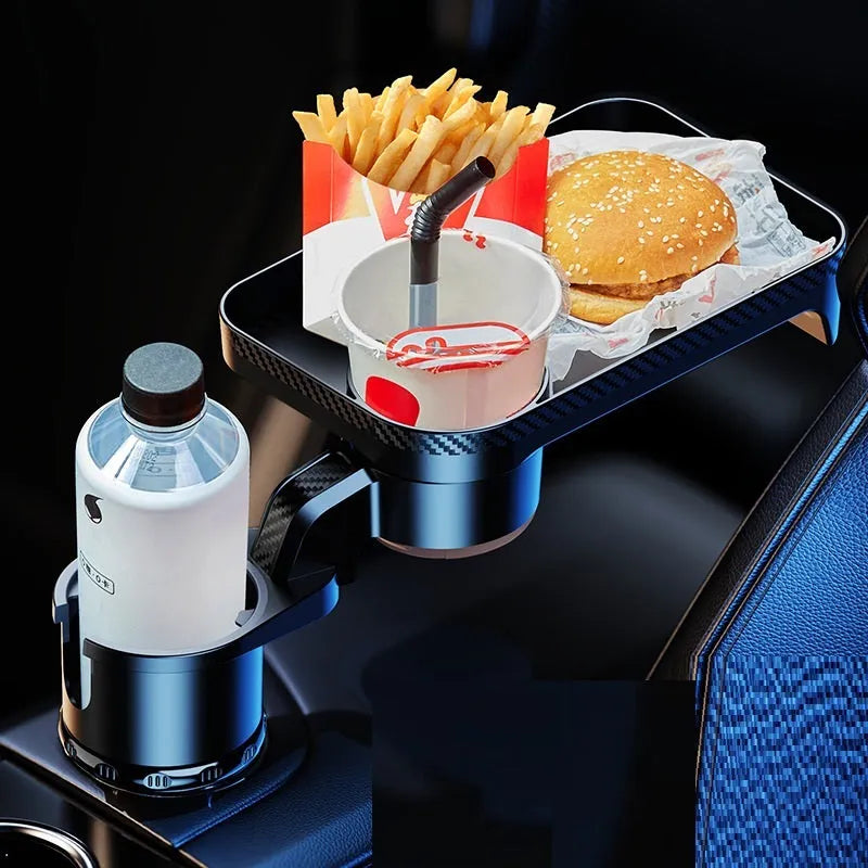 Black car-mounted rotating dinner tray holder installed in vehicle cup holder showing 360-degree rotation capability