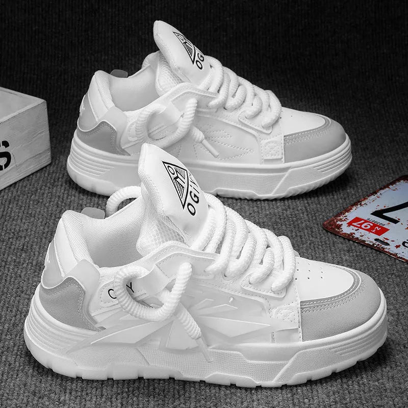 Men's white Harajuku clunky sneakers with cartoon totem patterns, 3-5cm heel, and rubber sole for casual wear