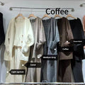 Women's wool blend knit three-piece set showing vest, cardigan coat, and pants in loose fit with seamless construction