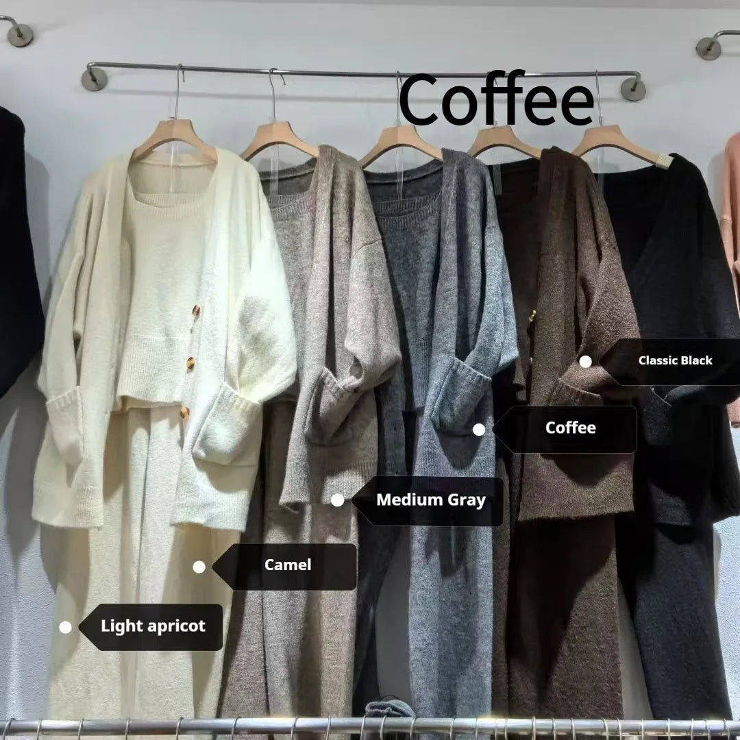 Women's wool blend knit three-piece set showing vest, cardigan coat, and pants in loose fit with seamless construction