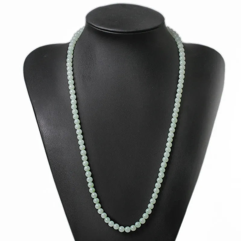 Natural jade bead sweater chain necklace with white and green 6.5mm beads on adjustable 21-50cm chain