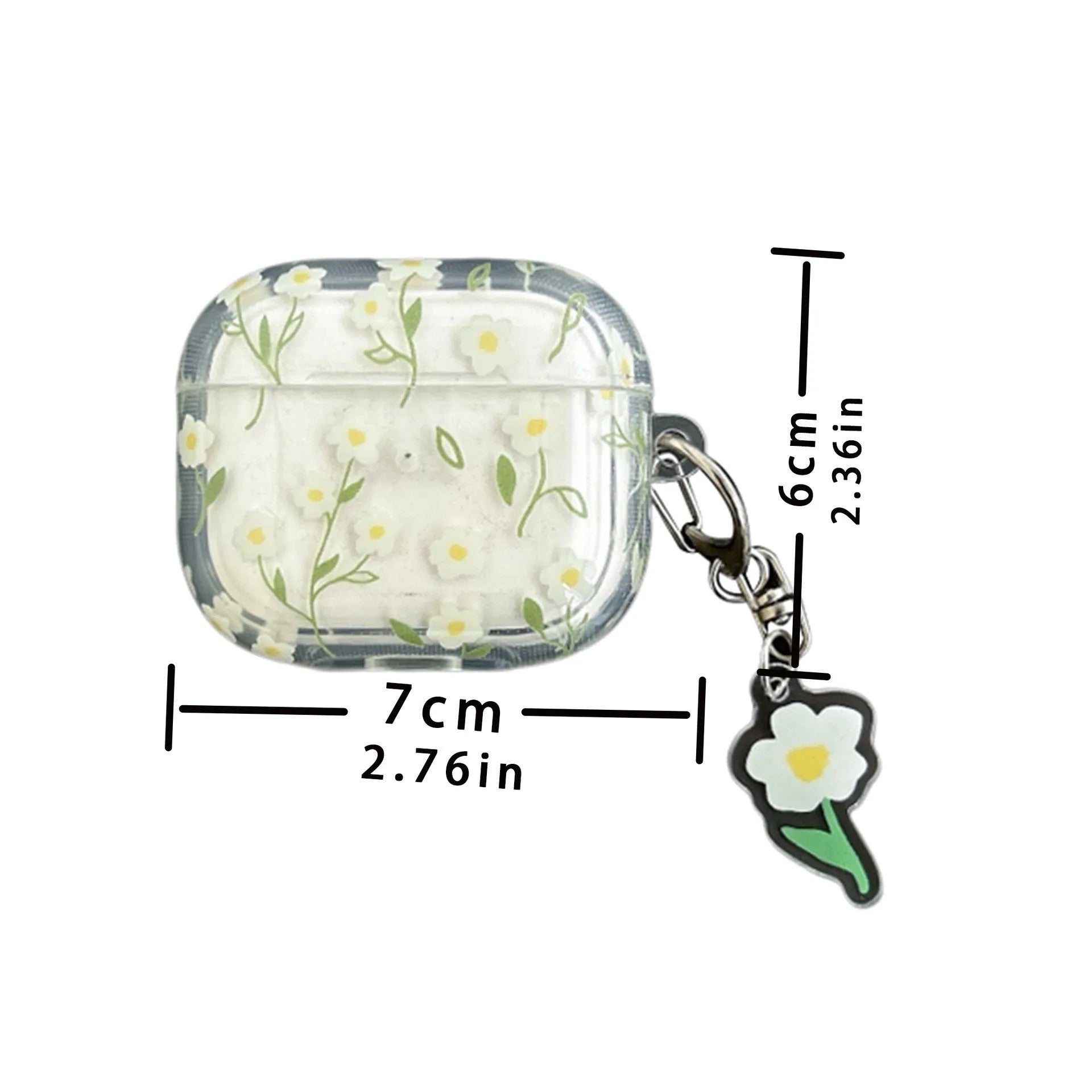 White floral design AirPods protective cover showing high-transparency TPU material and decorative elements
