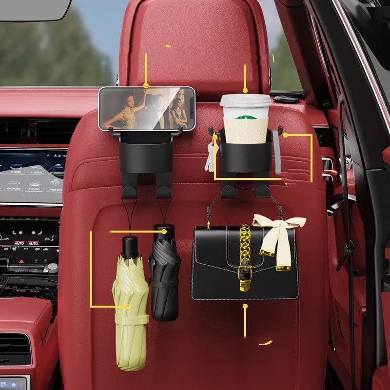 Black plastic car seat back organiser with cup holder and hook.