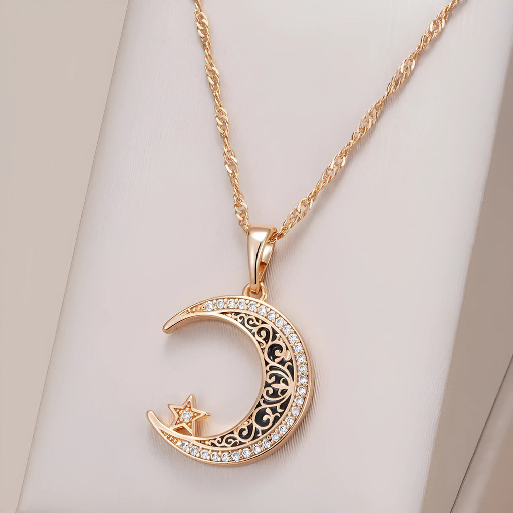 Rose gold star and moon necklace with enamel zircon pendant on a water wave chain