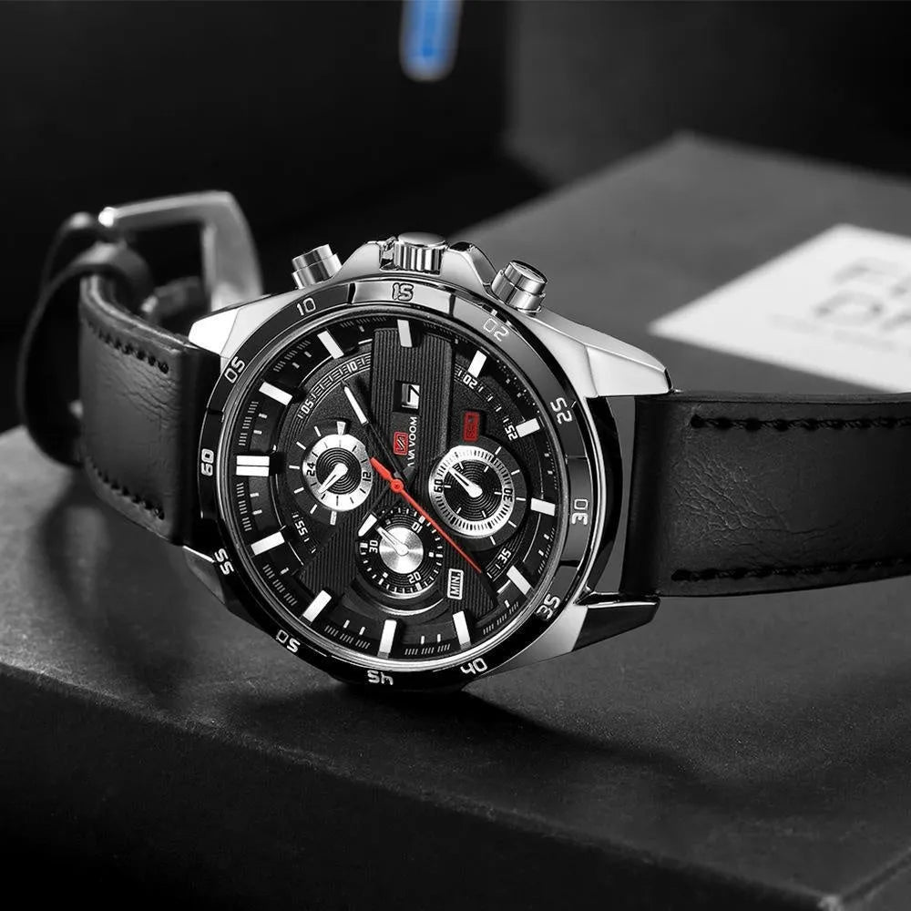Men's casual quartz watch with calendar function showing 10mm thickness and multiple colour options
