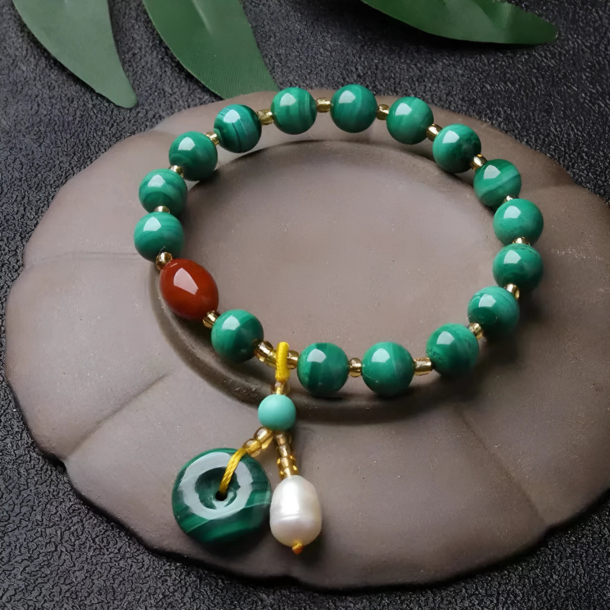 Natural malachite and red agate barrel bead bracelet with approximately 7-8mm beads