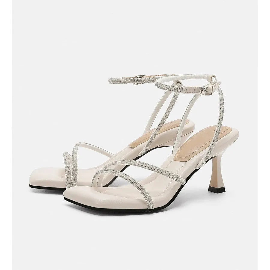 Women's silver rhinestone high heel sandals with buckle ankle strap and square toe