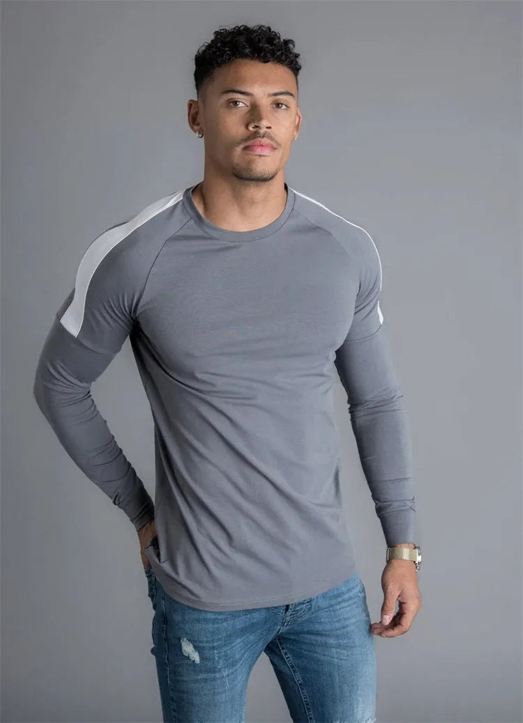 Men's long sleeve cotton t-shirt in black, green, or grey, hip length, moisture wicking, sizes M to XXL