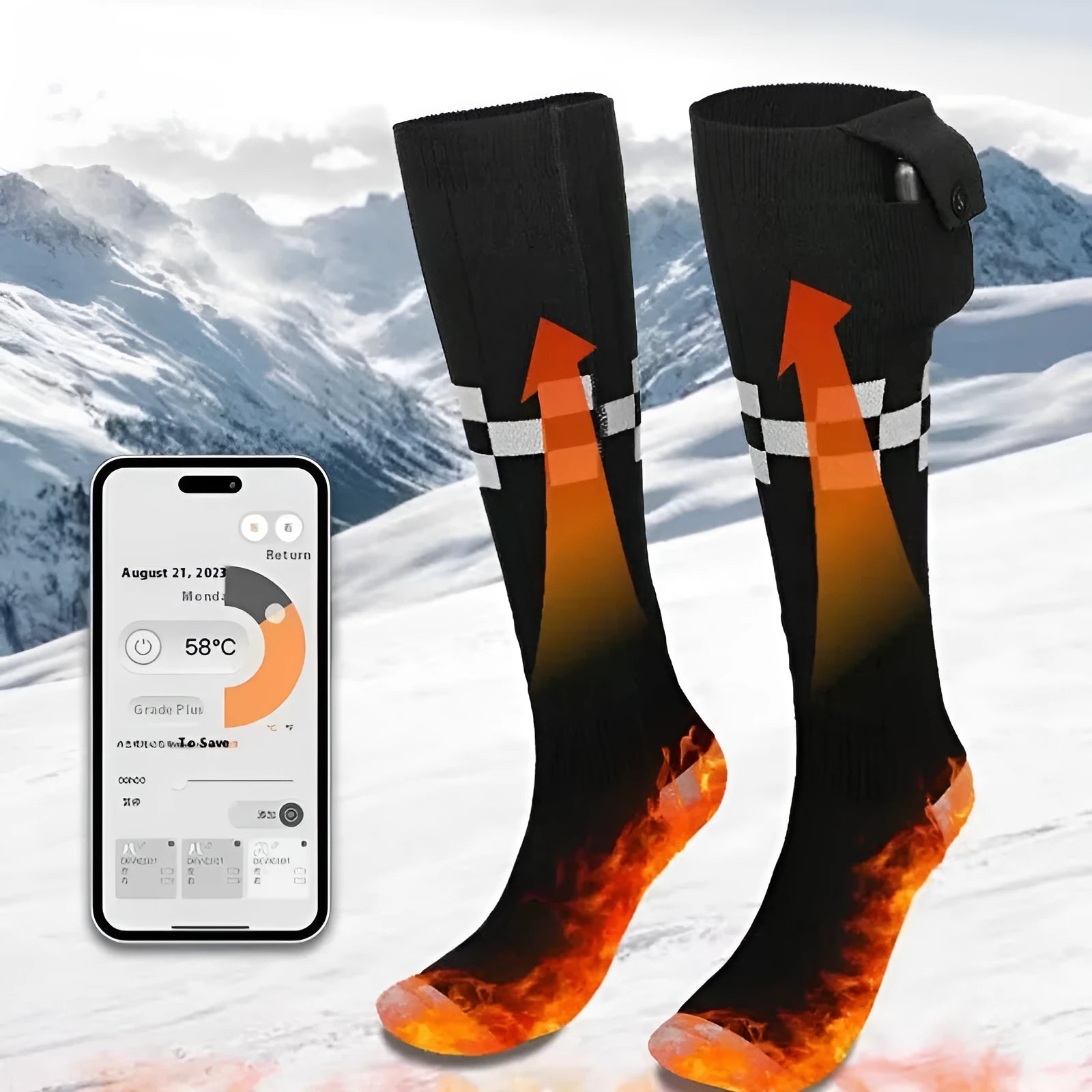 Smart app controlled heated socks with USB charging cable and battery pack
