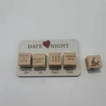 Wooden date night dice set with five dice, date planner board, and black storage bag