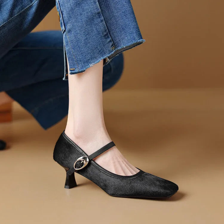 Women's black square toe stiletto ankle-strap shoes with horse hair upper and adjustable buckle closure