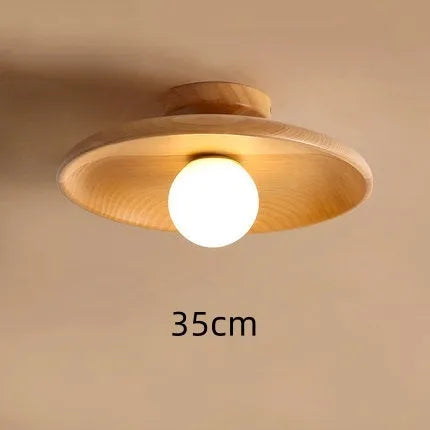 Aisle Ceiling Lamp in solid wood with glass shade, available in wood or walnut colour, diameters 18cm, 28cm, 35cm.