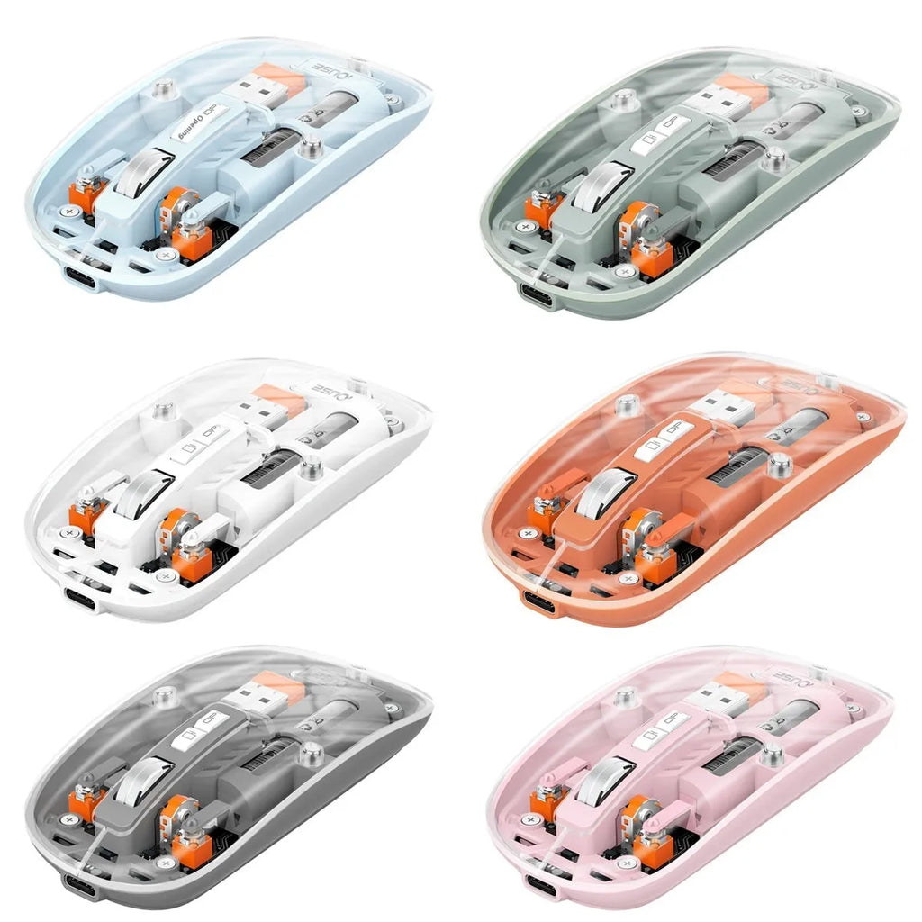 Transparent wireless mouse in space blue colour with USB interface, showing compact 113mm design on a laptop