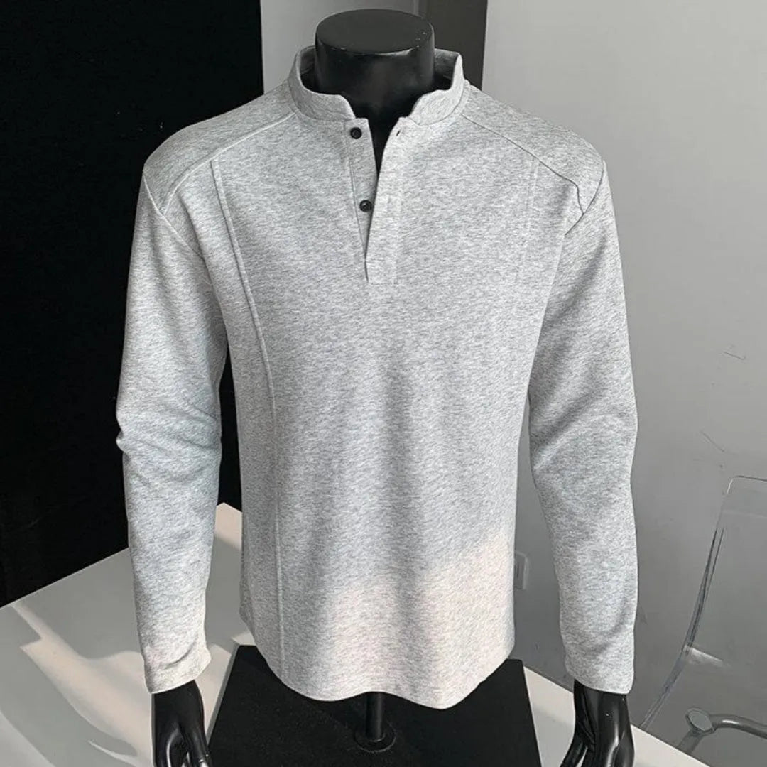 Men's asymmetric stand-up collar long sleeve shirt in heather gray with patchwork shoulder detailing