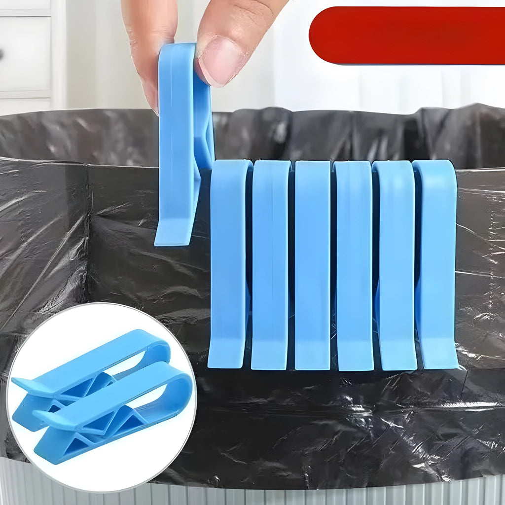 Black plastic non-slip clip for holding bin bags on the side of a trash can.