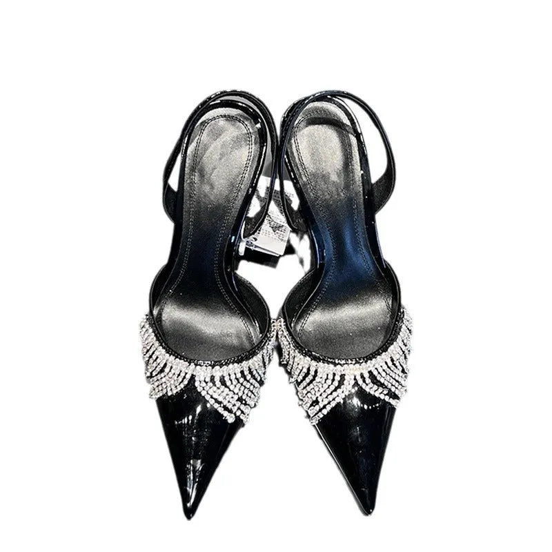Black French tassel rhinestone slingback high heel sandals with a 10cm heel and pointed toe.