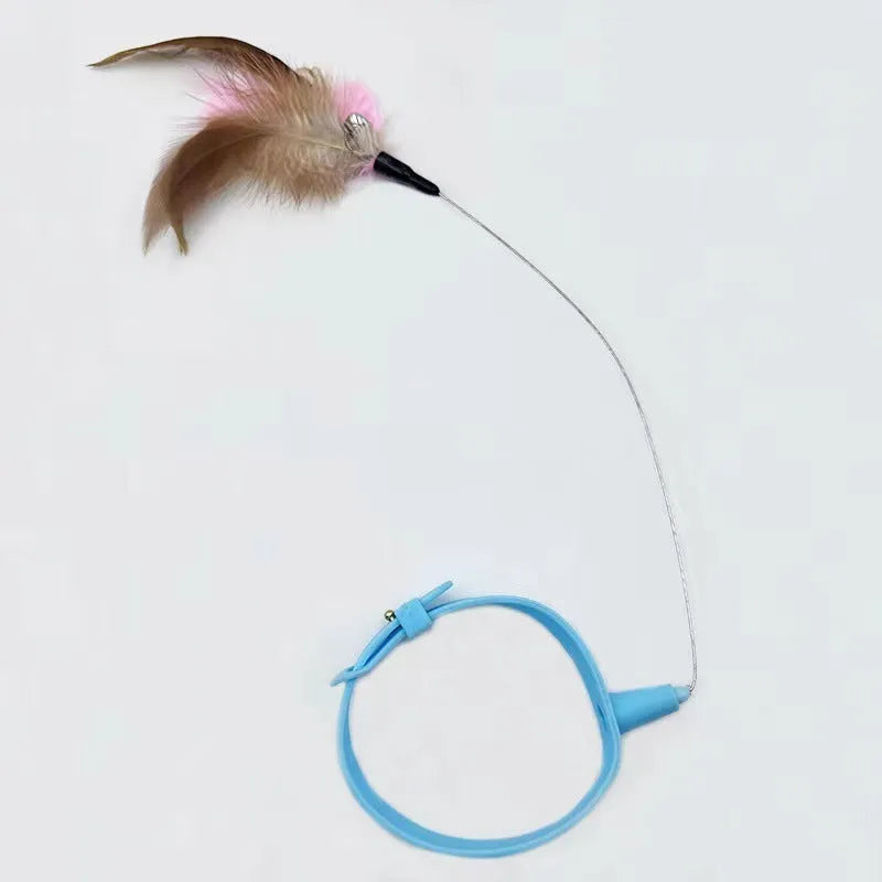 Blue adjustable cat collar toy with silicone teasing wand and feather attachment