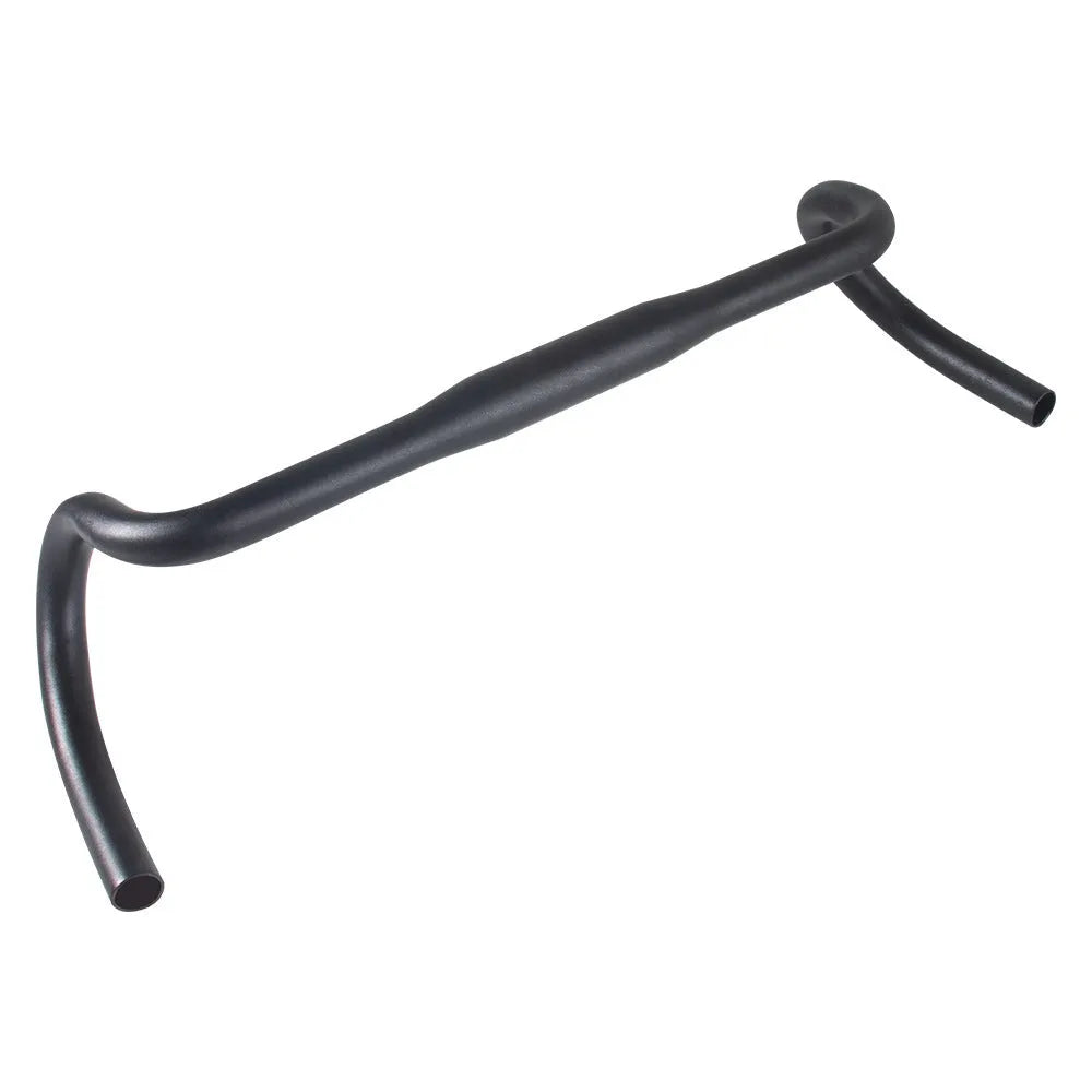 Black aluminium alloy road bike handlebar showing 420mm width and racing bend profile