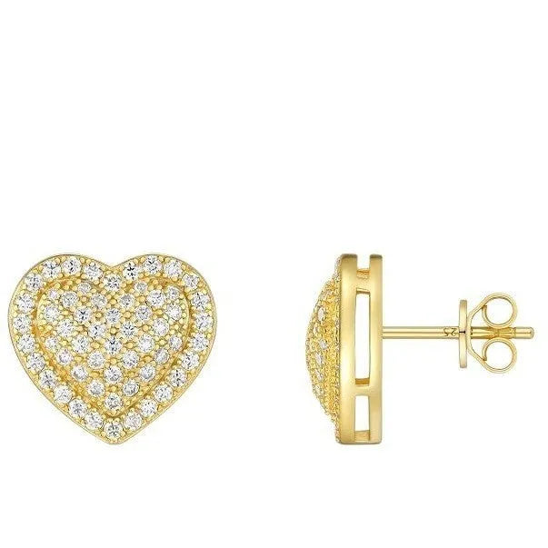Golden heart-shaped moissanite stud earrings with sterling silver posts and butterfly backs