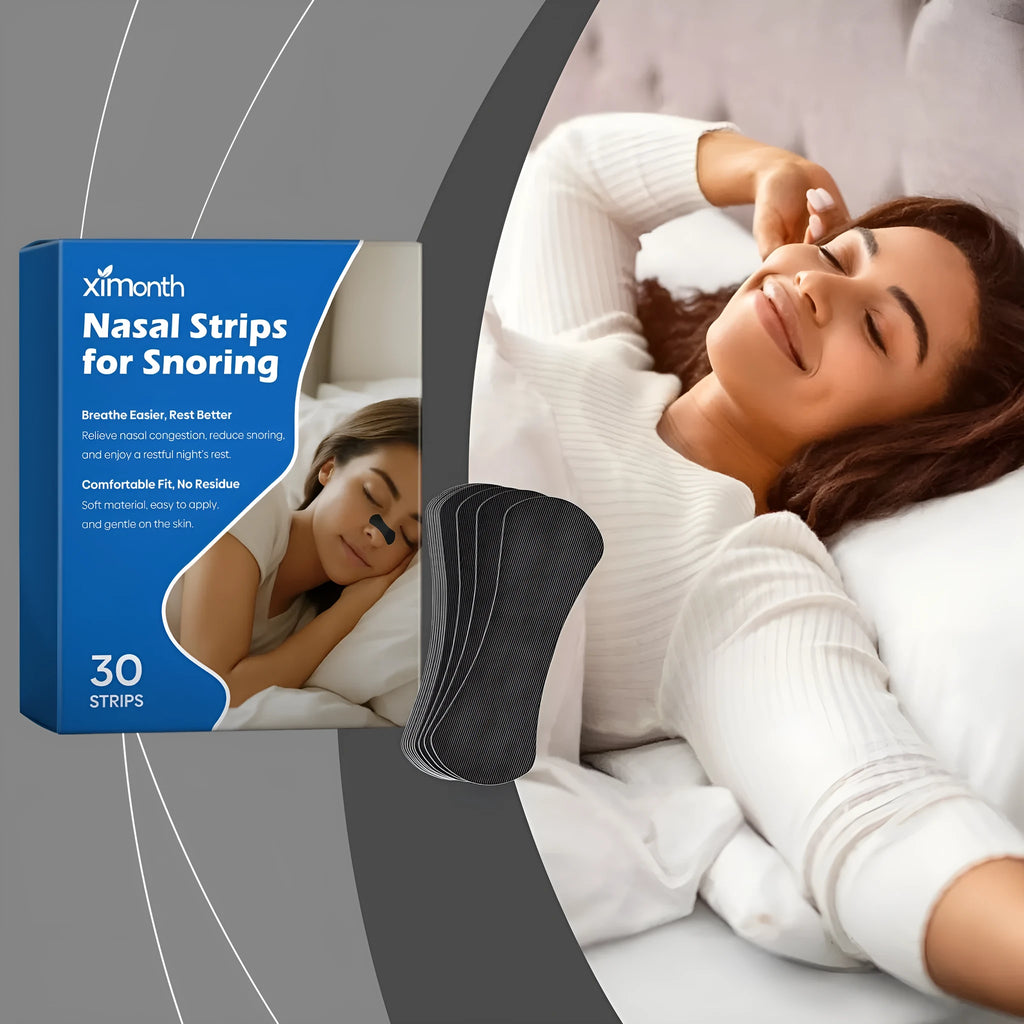 Pack of 30 anti-snoring adhesive nose patches on a white background