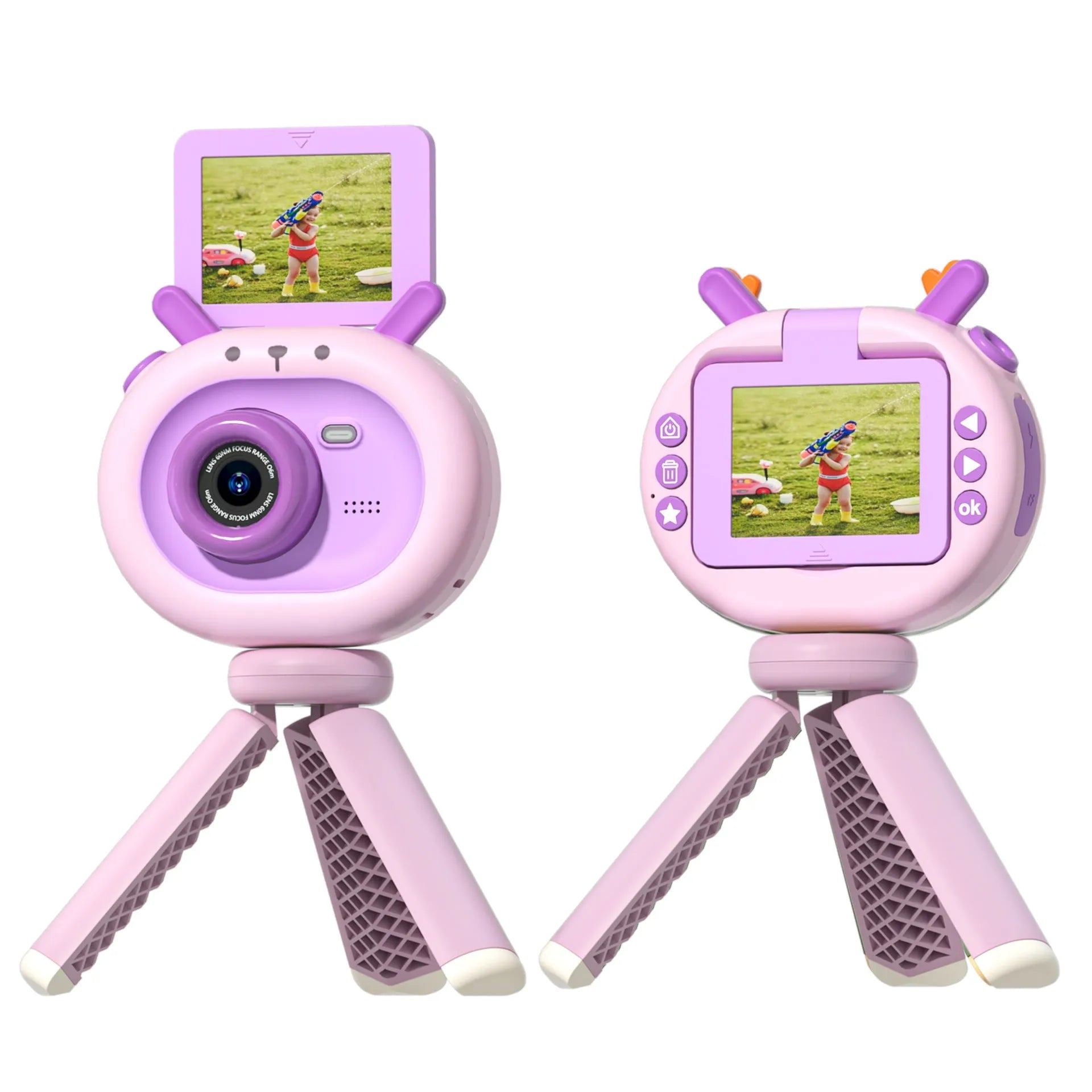Dark green children's digital camera with flip screen showing cartoon map and accessories including silicone case and USB cable