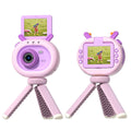 Purple and dark green children's digital camera with flip screen, silicone case lanyard, measuring 9.8cm by 7.9cm by 3.8cm