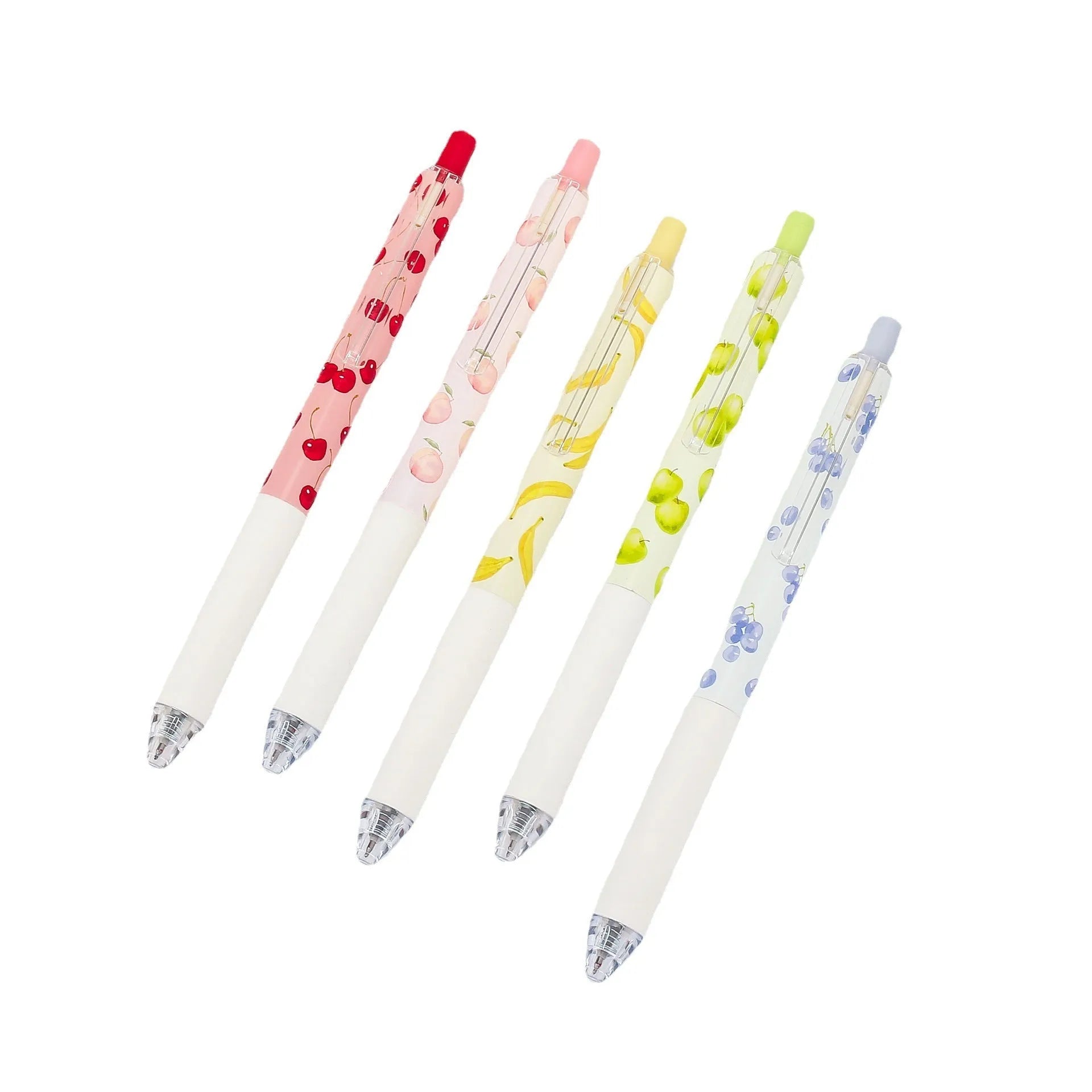 Three fruit-scented press pens with 0.5mm black ink refills and plastic barrels