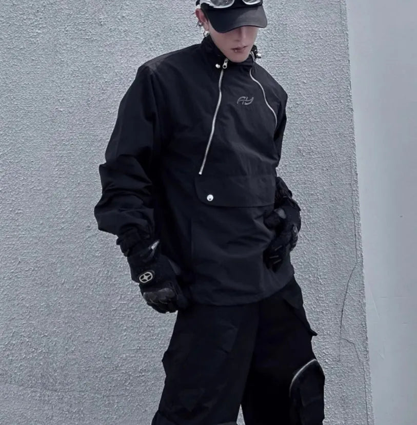 Black polyester shell jacket with double zipper and stand collar, sizes M L XL