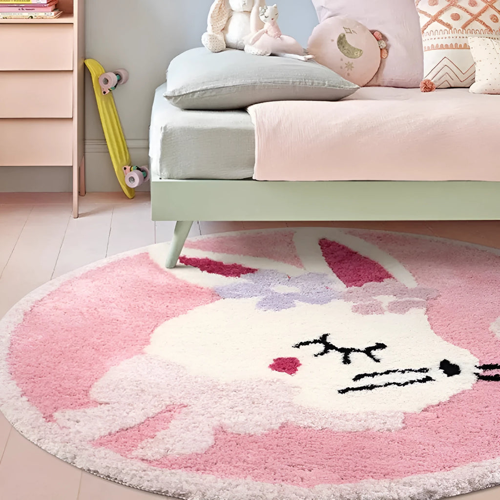 Round light pink polyester floor mat with a cute white rabbit illustration on a wooden floor.