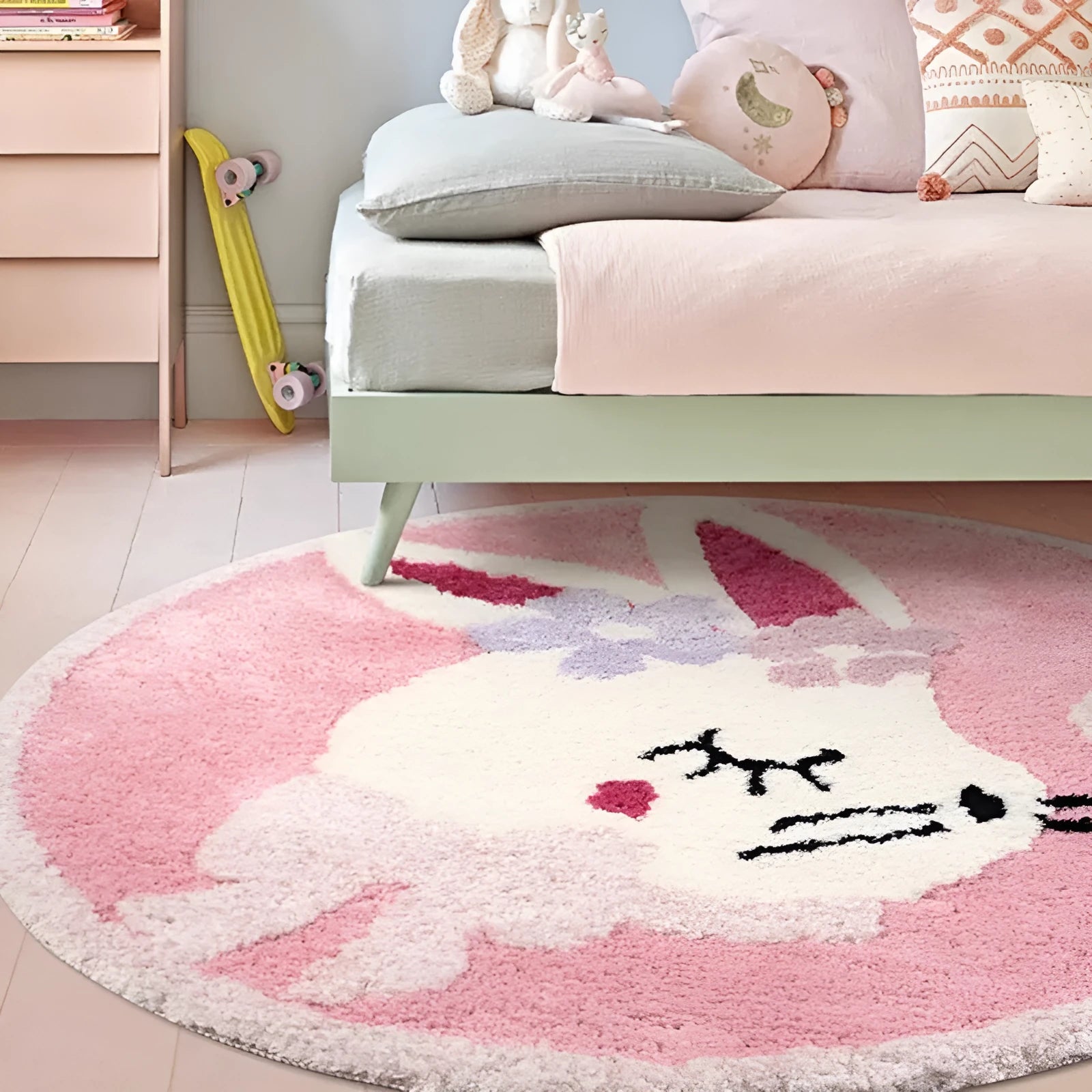 Round light pink polyester floor mat with a cute white rabbit illustration on a wooden floor.