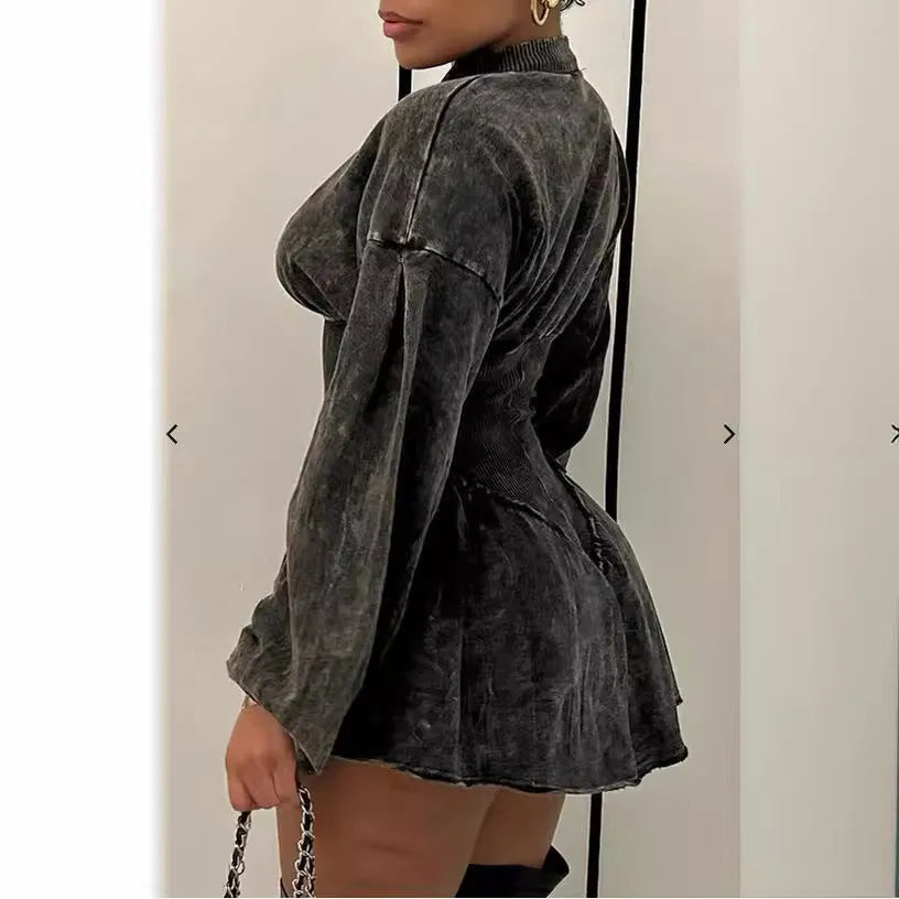 Grey slim-fit A-line dress with drawstring waist and long sleeves, digital printing on polyester fabric