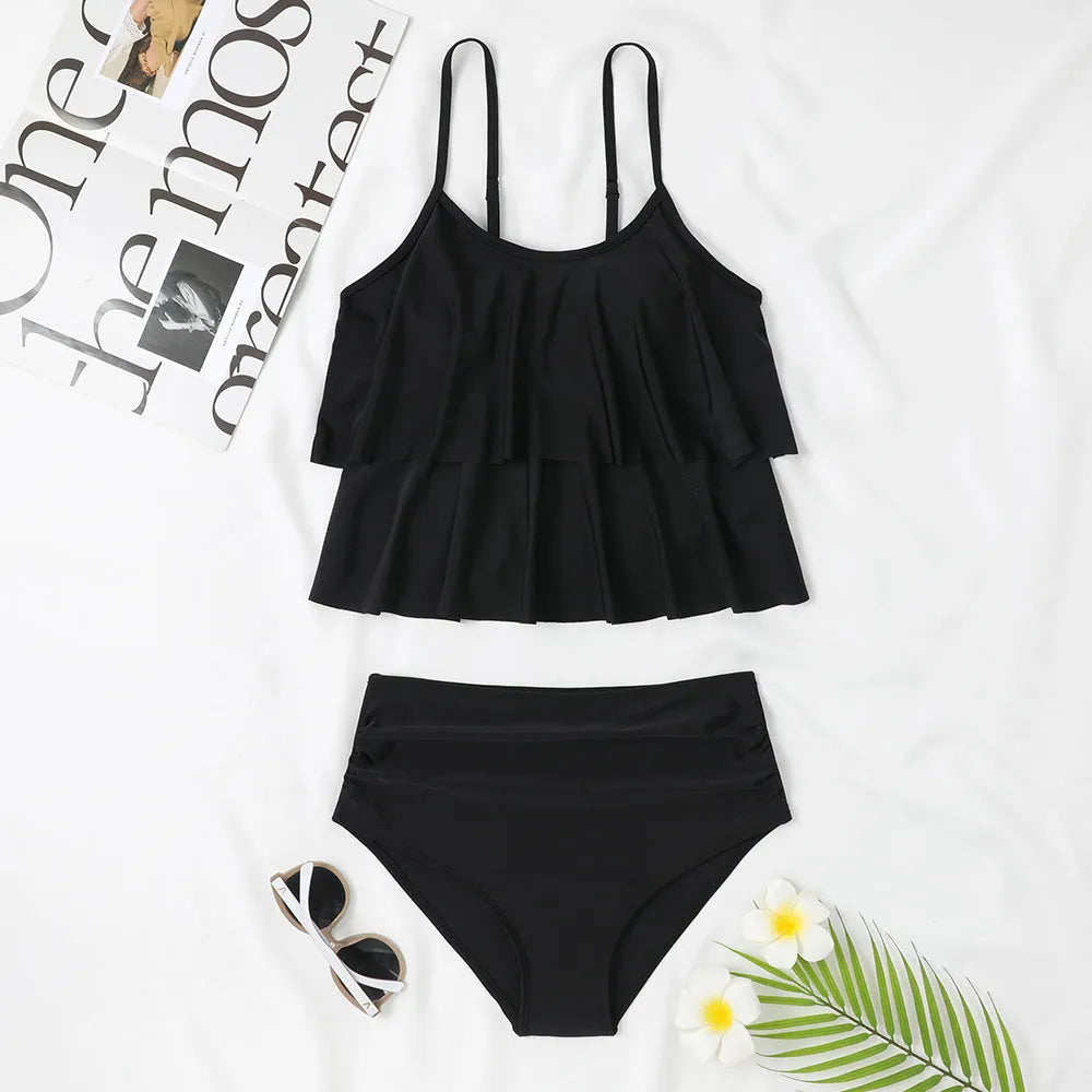 High waist double-layer swimsuit in black and coconut tree print with briefs style for swimming