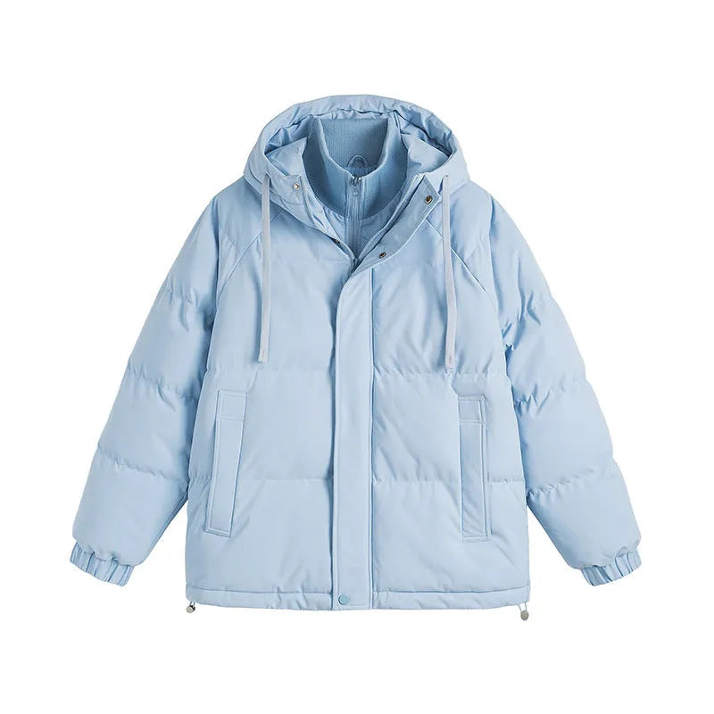 Winter two-piece cotton-padded coat in loose fit with side seam pockets, available in six colours like mustard yellow and light blue.