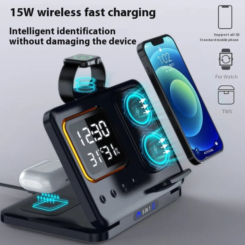 Black and white wireless charging stand with digital clock displaying time and temperature, charging a phone and smartwatch.
