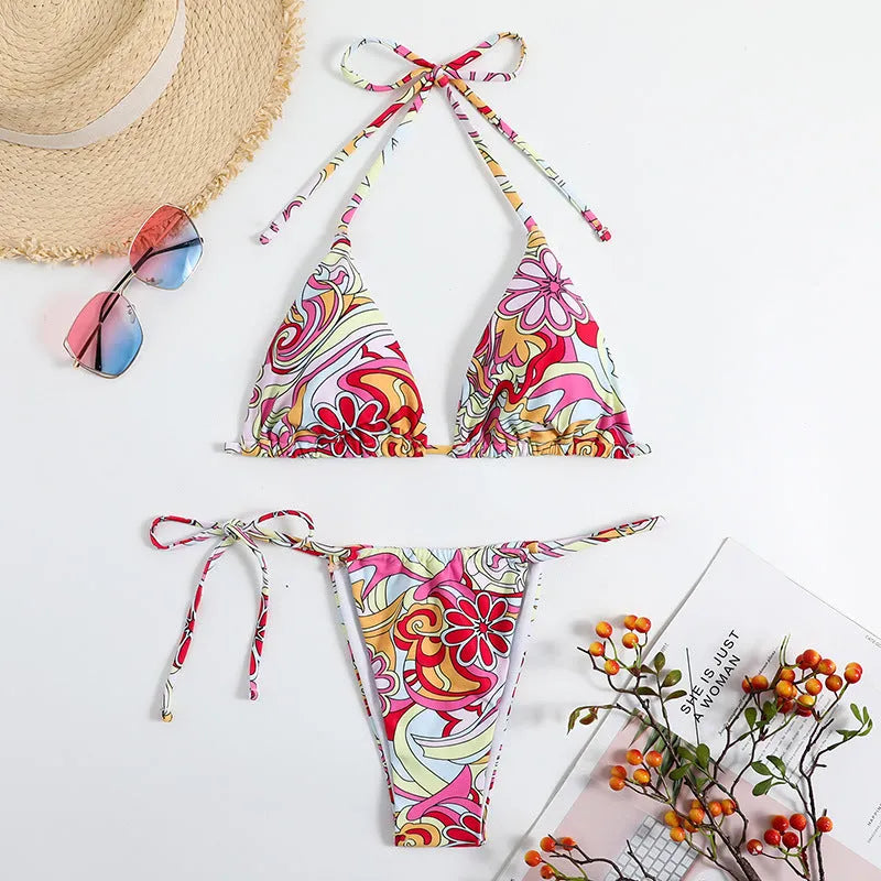 Women's triangle print bikini with hanging neck top and separate system design in multicolour