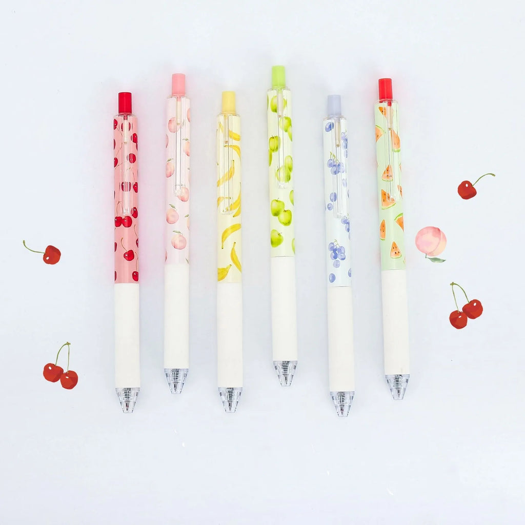 Three fruit-scented press pens with 0.5mm black ink refills and plastic barrels