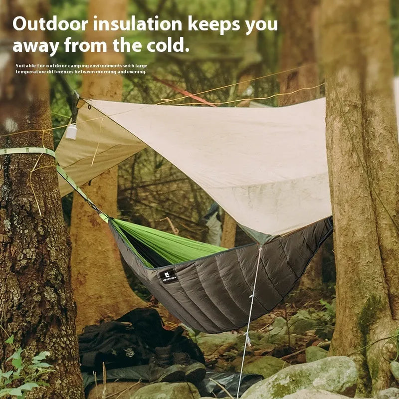 Army green thickened hammock sleeping bag with compression storage bag showing 238cm length