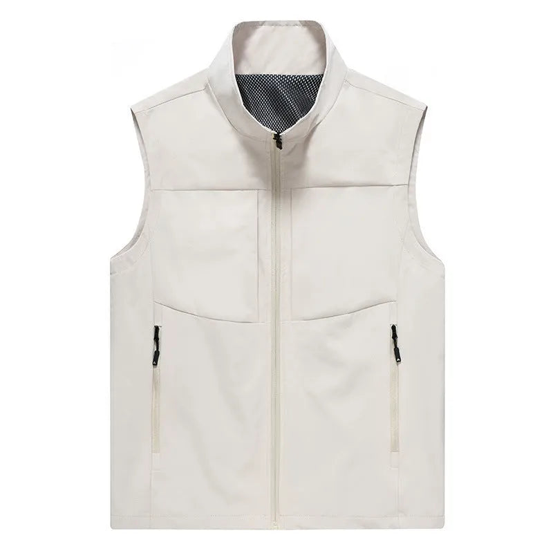 Men's loose fit cardigan vest in polyester with stand collar and zipper pockets for outdoor photography and fishing