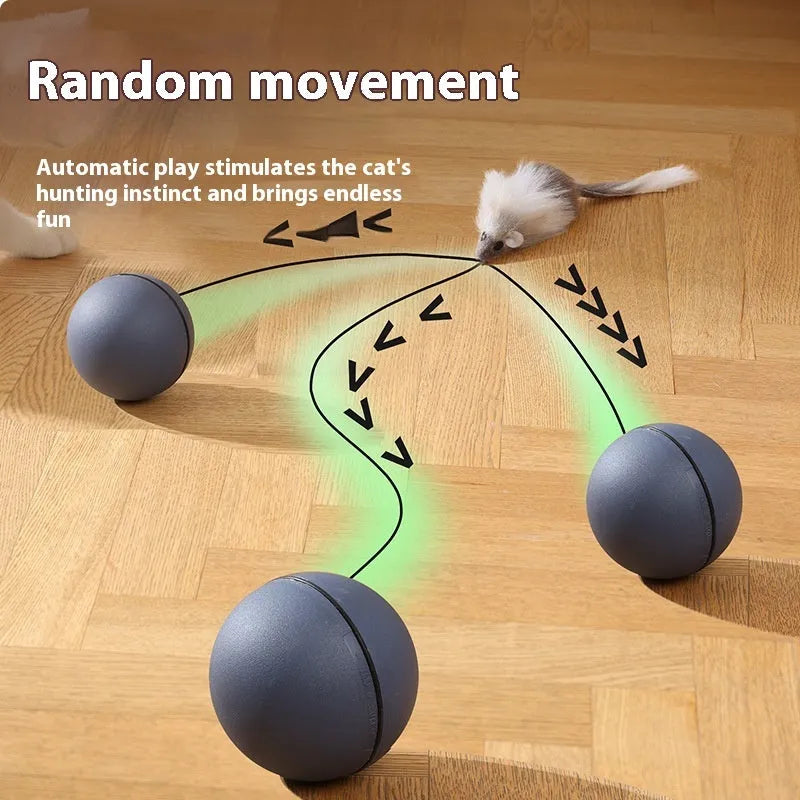 Automatic cat teasing ball toy with plush mouse attachment in blue orange and dark grey
